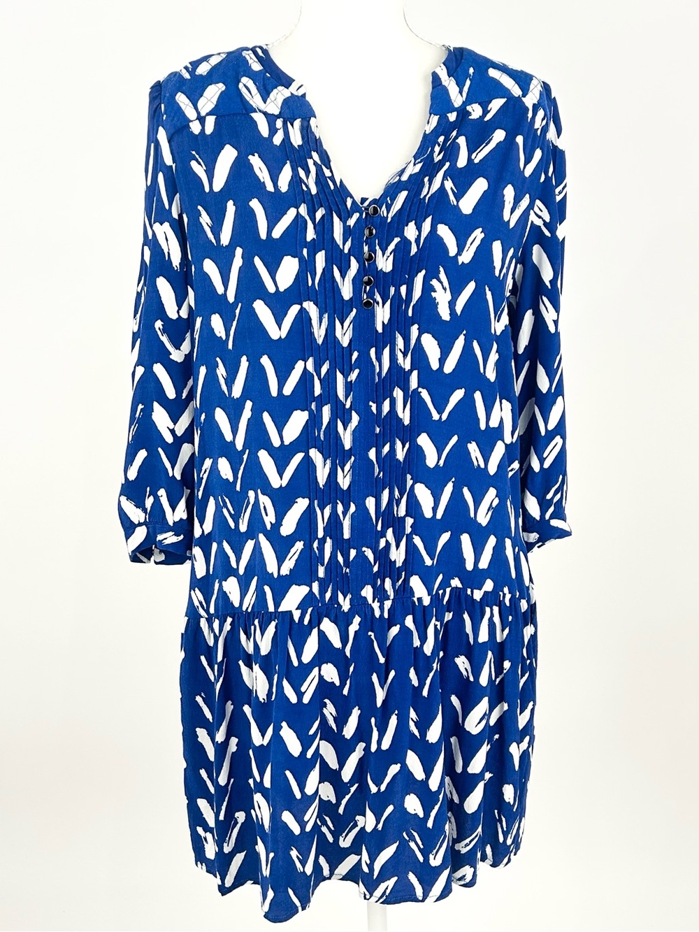 Maeve Anthropologie Blue Abstract Print Pintuck Shift Dress Large